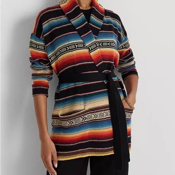 Ralph Lauren Blanket Stripe Shawl Cardigan Belted Sweater L